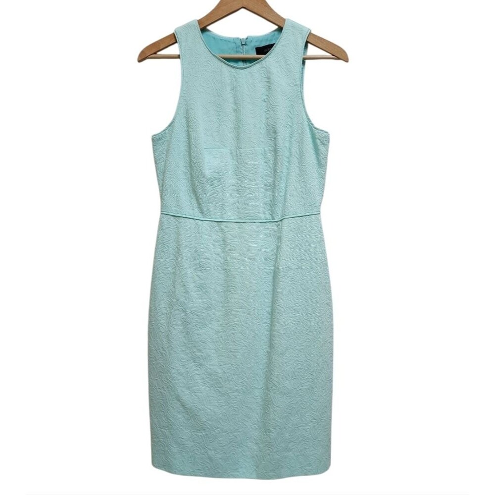 J Crew Textured Sleeveless Round Neck Sheath Dress 8 Teal Green Zip Lined Preppy